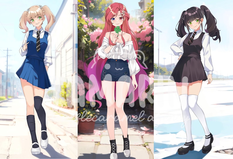 May include: Three anime-style illustrations featuring characters in distinct outfits: a blue jumper dress with a white shirt and tie, a white off-shoulder top with dark shorts, and a black jumper dress with a white shirt and tie, all with varied hairstyles.