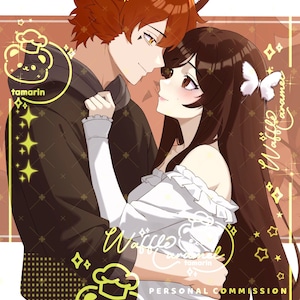 May include: An anime-style digital illustration of a fox-eared character in a black hoodie embracing a long-haired character in a white ruffled top. The image features yellow graphic overlays, including the text tamarin, Waffle caramel, and PERSONAL COMMISSION.