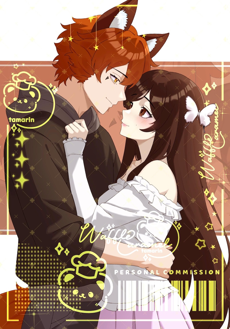 May include: An anime-style digital illustration of a fox-eared character in a black hoodie embracing a long-haired character in a white ruffled top. The image features yellow graphic overlays, including the text tamarin, Waffle caramel, and PERSONAL COMMISSION.