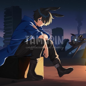 May include: An anime-style illustration of a character with black hair and rabbit ears wearing a blue hoodie and black pants, sitting on a box near a campfire and a tent. The text TAMARIN wafflecaramel agency is visible across the image.