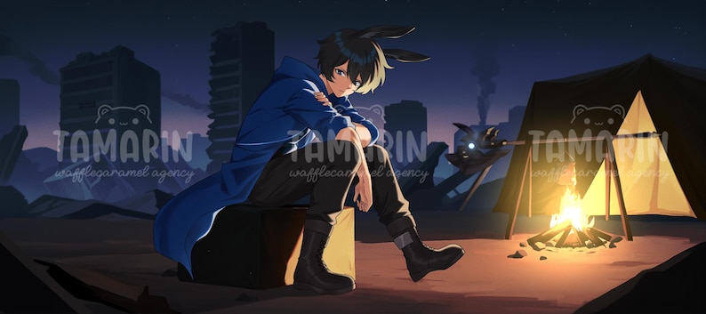 May include: An anime-style illustration of a character with black hair and rabbit ears wearing a blue hoodie and black pants, sitting on a box near a campfire and a tent. The text TAMARIN wafflecaramel agency is visible across the image.