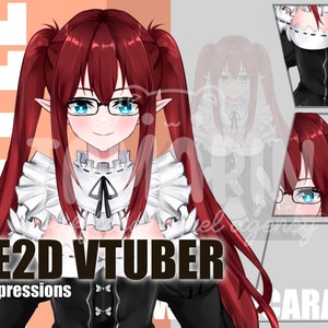 May include: A digital illustration of a female anime character with long red hair in pigtails, wearing a black and white maid outfit with a white collar and a black bow. She is wearing glasses and has a friendly expression. The text "LIVE2D VTUBER" and "Free 2 expressions" is below the character. The text "CARAMEL" is in the bottom right corner of the image.