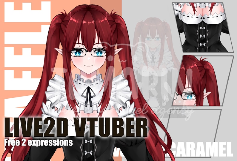 May include: A digital illustration of a female anime character with long red hair in pigtails, wearing a black and white maid outfit with a white collar and a black bow. She is wearing glasses and has a friendly expression. The text "LIVE2D VTUBER" and "Free 2 expressions" is below the character. The text "CARAMEL" is in the bottom right corner of the image.