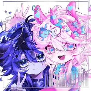 May include: A digital illustration featuring two anime-style characters. One character has dark blue hair and blue eyes, while the other has bright pink hair, pink eyes, and horns. Both characters are making peace signs. Text includes Waffle Caramel.
