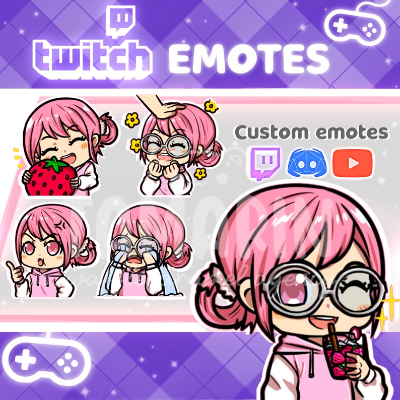 Puede incluir: Conjunto de cinco emoticonos de dibujos animados rosa y blanco con una ni&ntilde;a de pelo rosa y gafas. Los emoticonos muestran diferentes expresiones, incluyendo comer una fresa, llorar y sonre&iacute;r. El texto "twitch emotes" est&aacute; en la parte superior de la imagen. El texto "Custom emotes" est&aacute; en la parte superior derecha de la imagen. La imagen tambi&eacute;n incluye iconos para Twitch, Discord y YouTube.