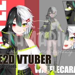 May include: A digital illustration of a female anime character with black and white hair, wearing a black and green outfit. The text "LIVE2D VTUBER" and "Free 2 expressions" is visible in the image.