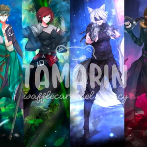 May include: A digital illustration featuring four distinct anime-style characters arranged in vertical panels. The text TAMARIN and wafflecaramel agency is overlaid in the center. Each character wears unique attire, including robes, tactical gear, and dark coats, set against vibrant, colorful backgrounds.