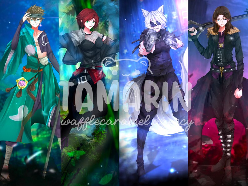 May include: A digital illustration featuring four distinct anime-style characters arranged in vertical panels. The text TAMARIN and wafflecaramel agency is overlaid in the center. Each character wears unique attire, including robes, tactical gear, and dark coats, set against vibrant, colorful backgrounds.
