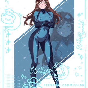 May include: An anime-style illustration of a character with long brown hair wearing goggles and a blue and dark blue bodysuit. The image features text including Waffle Caramel, tamarin, and PERSONAL COMMISSION, surrounded by light blue star icons.