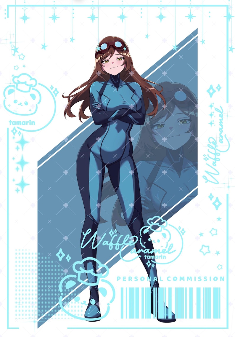 May include: An anime-style illustration of a character with long brown hair wearing goggles and a blue and dark blue bodysuit. The image features text including Waffle Caramel, tamarin, and PERSONAL COMMISSION, surrounded by light blue star icons.