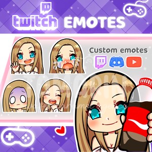 Puede incluir: Conjunto de ocho emoticonos personalizados de Twitch que representan a una mujer de dibujos animados con cabello rubio y diferentes expresiones faciales. Los emoticonos incluyen una cara feliz, una cara llorando, una cara sorprendida, una cara riendo y una cara sosteniendo una lata de refresco. Los emoticonos est&aacute;n dise&ntilde;ados para su uso en Twitch, Discord y YouTube.