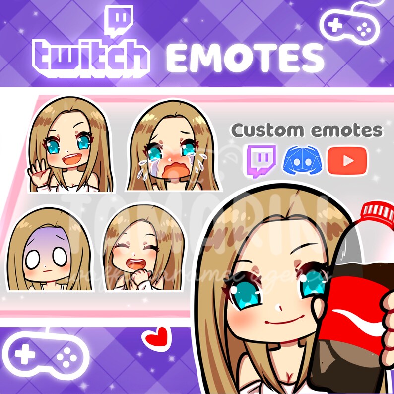 Puede incluir: Conjunto de ocho emoticonos personalizados de Twitch que representan a una mujer de dibujos animados con cabello rubio y diferentes expresiones faciales. Los emoticonos incluyen una cara feliz, una cara llorando, una cara sorprendida, una cara riendo y una cara sosteniendo una lata de refresco. Los emoticonos est&aacute;n dise&ntilde;ados para su uso en Twitch, Discord y YouTube.