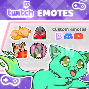 Puede incluir: Una ilustraci&oacute;n digital de un gato verde con una cola larga, ojos grandes y una amplia sonrisa. El gato corre hacia el lado derecho de la imagen. El fondo es un degradado morado con un borde blanco. La imagen tambi&eacute;n incluye varias pegatinas de animales de dibujos animados, incluyendo un gato, un perro y un p&aacute;jaro. El texto "twitch EMOTES" est&aacute; en la parte superior de la imagen, y el texto "Custom emotes" est&aacute; en la esquina superior derecha. La imagen tambi&eacute;n incluye iconos para Twitch, Discord y YouTube.