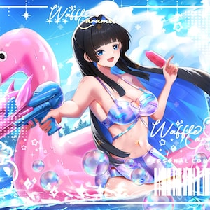 May include: An anime-style illustration featuring a character with long black hair wearing a metallic blue bikini, holding a pink and blue water gun while sitting on a large pink flamingo pool float, with text reading Waffle Caramel.