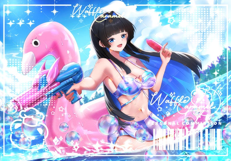 May include: An anime-style illustration featuring a character with long black hair wearing a metallic blue bikini, holding a pink and blue water gun while sitting on a large pink flamingo pool float, with text reading Waffle Caramel.