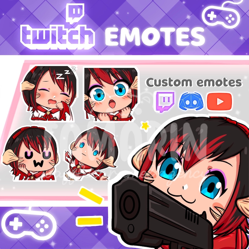 Puede incluir: Un conjunto de emotes personalizados de Twitch con un personaje de dibujos animados con cabello rojo y orejas de gato. Los emotes incluyen una cara somnolienta, una cara sorprendida, una cara linda, una cara gui&ntilde;ando un ojo y un personaje sosteniendo un arma. Los emotes est&aacute;n dise&ntilde;ados para usar en Twitch, Discord y YouTube.