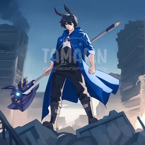 May include: An anime-style character with dark hair and rabbit ears stands in a ruined city, wearing a long blue coat over a white shirt and dark pants. The character holds a large, ornate purple axe with a glowing blue center. Text reads TAMARIN.