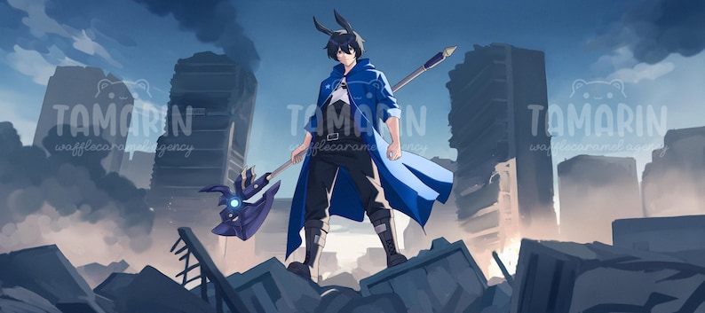 May include: An anime-style character with dark hair and rabbit ears stands in a ruined city, wearing a long blue coat over a white shirt and dark pants. The character holds a large, ornate purple axe with a glowing blue center. Text reads TAMARIN.