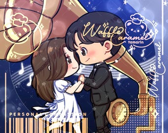 Puede incluir: Ilustración de una pareja bailando frente a un gramófono vintage. El hombre lleva un esmoquin negro y la mujer un vestido blanco. El fondo es azul oscuro con notas musicales y el texto "Personal Mission".