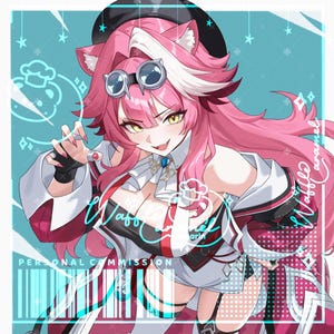 May include: An anime-style illustration of a character with long pink hair, cat ears, and yellow eyes, wearing a black beret, goggles, and a red and white outfit. The image includes the text Waffle Caramel and PERSONAL COMMISSION.