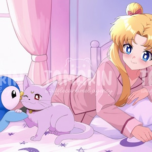May include: An anime-style illustration featuring a blonde character with twin buns wearing pink pajamas, a white and blue penguin-like creature, and a light purple cat with a crescent moon mark on its forehead, all resting on a star-patterned bed.