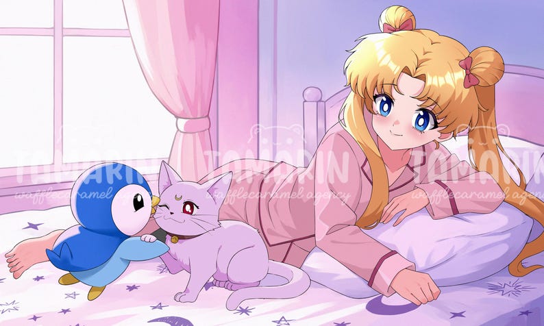 May include: An anime-style illustration featuring a blonde character with twin buns wearing pink pajamas, a white and blue penguin-like creature, and a light purple cat with a crescent moon mark on its forehead, all resting on a star-patterned bed.