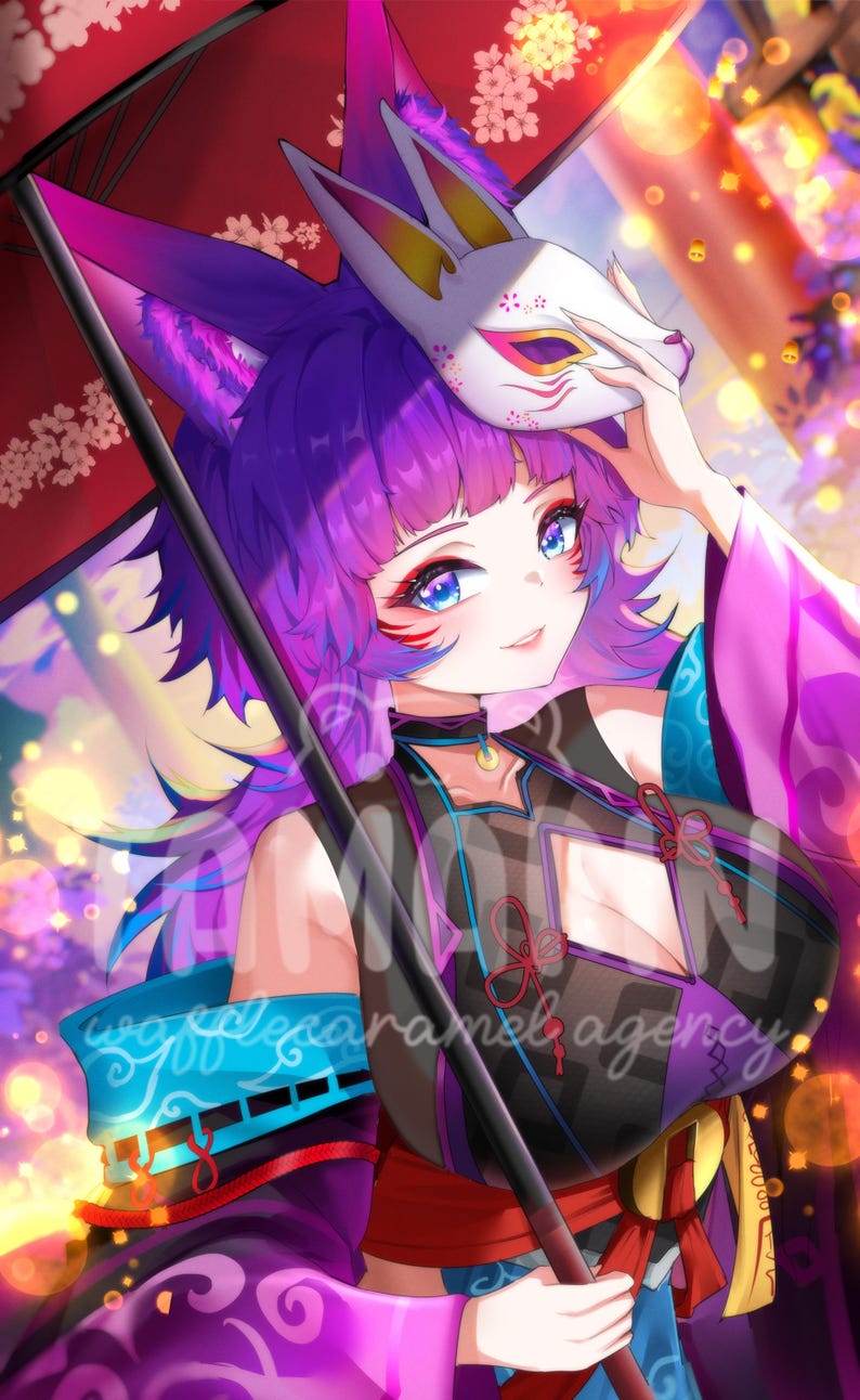 May include: An anime-style illustration of a character with purple hair and fox ears, holding a red umbrella and a white fox mask. The character wears a black and purple outfit with blue accents and red decorative knots, set against a glowing background.
