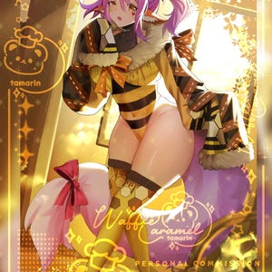 May include: An anime-style illustration of a character with pink hair and animal ears, wearing a black and yellow striped bodysuit with a fur-trimmed jacket. The image features text reading tamarin, Waffle caramel, and PERSONAL COMMISSION.