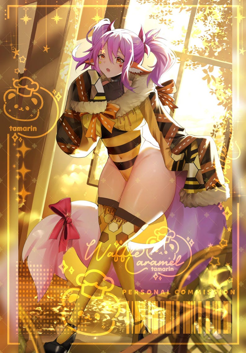 May include: An anime-style illustration of a character with pink hair and animal ears, wearing a black and yellow striped bodysuit with a fur-trimmed jacket. The image features text reading tamarin, Waffle caramel, and PERSONAL COMMISSION.