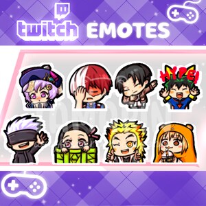 Puede incluir: Un conjunto de nueve emoticonos de Twitch de personajes de dibujos animados coloridos. Los emoticonos presentan personajes con diferentes expresiones y poses, incluyendo un personaje con un antifaz, un personaje con una caja y un personaje con una bebida.