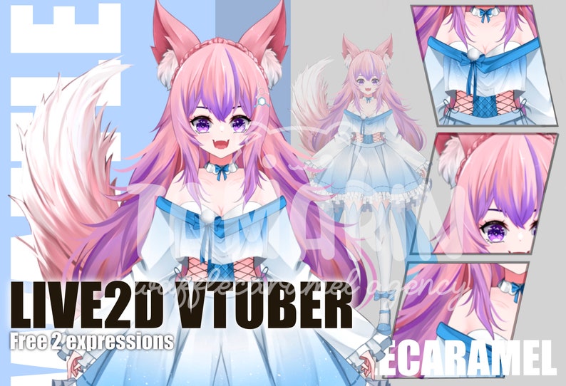 May include: A digital illustration of a pink and purple haired anime character with fox ears and a white tail. The character is wearing a blue and white dress with a white bow. The text "LIVE2D VTUBER" and "Free 2 expressions" is at the bottom of the image.