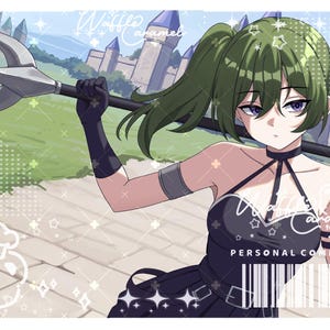 May include: An anime-style illustration of a character with green hair in a ponytail, wearing a black outfit with a choker and armbands. The character holds a large silver trident over their shoulders. The background features a stone castle.