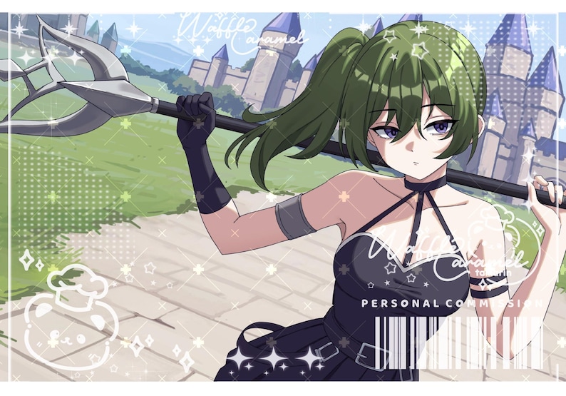 May include: An anime-style illustration of a character with green hair in a ponytail, wearing a black outfit with a choker and armbands. The character holds a large silver trident over their shoulders. The background features a stone castle.