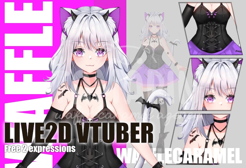 May include: A digital illustration of a white-haired anime character with purple eyes and cat ears. The character is wearing a black and purple outfit with a bat design. The text "LIVE2D VTUBER" and "Free 2 expressions" is visible in the image.