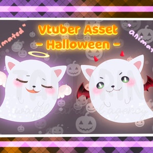 May include: Animated Vtuber asset for Halloween. Two white ghost characters with different expressions. One ghost has angel wings and a halo, the other has devil horns and wings. Both have a cute, cartoonish style.