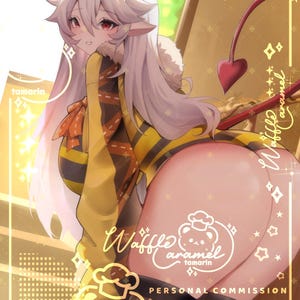 May include: An anime-style illustration of a character with long white hair, horns, and a red tail, wearing a yellow and black striped garment. The image features text including Waffle Caramel, tamarin, and Personal Commission with a barcode.
