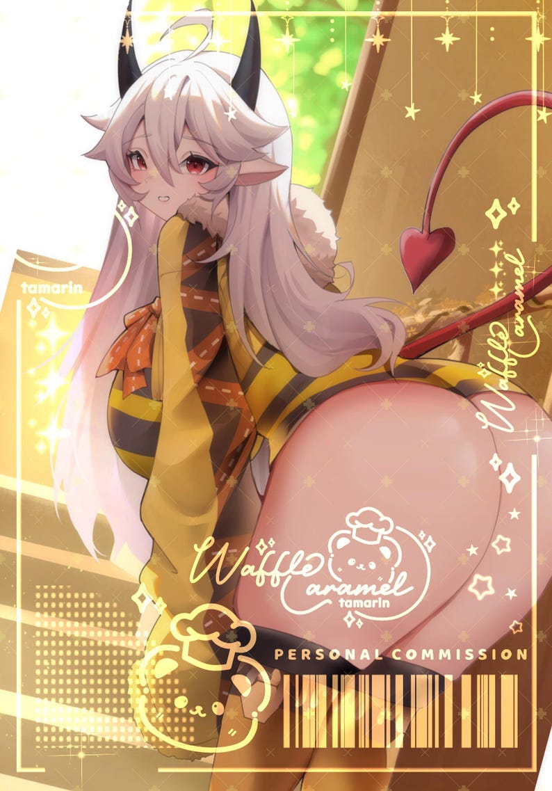 May include: An anime-style illustration of a character with long white hair, horns, and a red tail, wearing a yellow and black striped garment. The image features text including Waffle Caramel, tamarin, and Personal Commission with a barcode.
