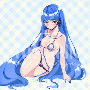 May include: An anime-style illustration of a character with long, flowing blue hair and amber eyes, wearing a dark bikini with a swirling pattern. The character has a small black chin marking and a blue gem necklace, set against a light blue checkered background.