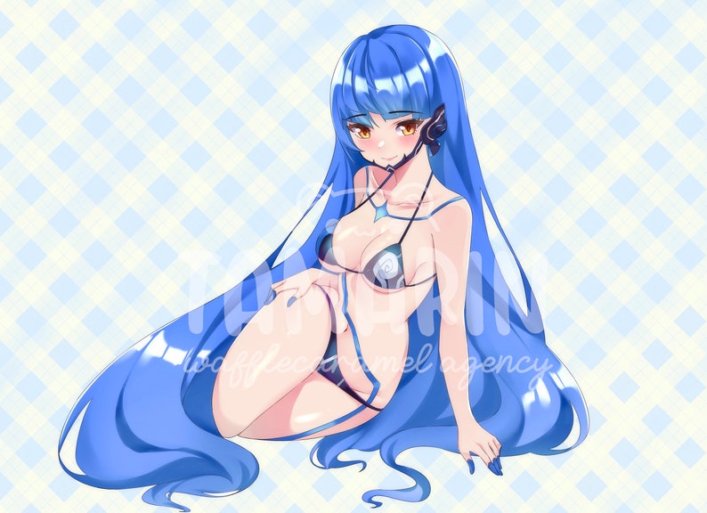 May include: An anime-style illustration of a character with long, flowing blue hair and amber eyes, wearing a dark bikini with a swirling pattern. The character has a small black chin marking and a blue gem necklace, set against a light blue checkered background.