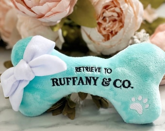 Luxury Dog Gift -Unique Dog Toy. The Ruffany & Co. Bone Plush with squeaker. For spoiled pups ! Squeaky Bone Toy - New Puppy Gift