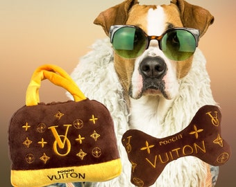 Unique Dog Gifts - Designer Dog Toys -  Poochy Vuiton Handbag Dog Toy & Matching Plush Bone Toy with squeakers. Ideal Dog/ Puppy Gift Set