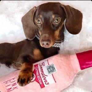 Funny Dog Gift, Unique Puppy Toy -  Pink Gin Squeaky Dog Toy. Plush Funny Bottle Toy - Grrrdon’s Pink Gin  Pretend Alcohol Bottle.