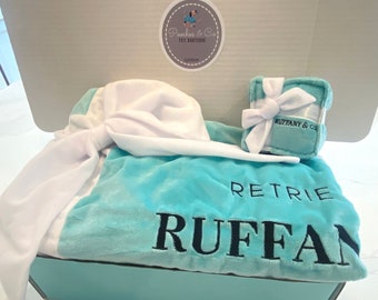 Luxury Personalisable Plush Dog Blanket & Matching Toy Gift Set - Ideal New Puppy Gift. Luxurious Ruffany and Co. Design for Spoiled Dogs!