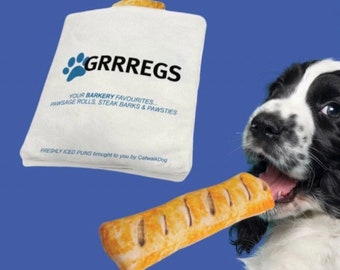 Funny Dog Toy Gift  - Grrregs Sausage Roll & Bag - Squeaky/Crinkle Toy - Puppy  Gift - Special Offer To Add a Bone Toy at Combined Price