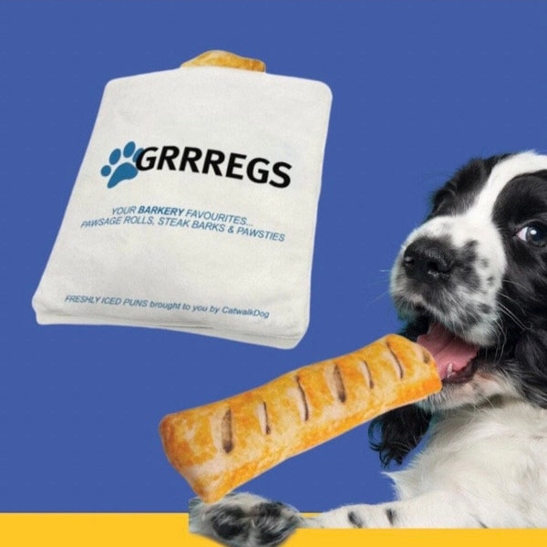 Funny Dog Toy Gift  - Grrregs Sausage Roll & Bag - Squeaky/Crinkle Toy - Puppy  Gift - Special Offer To Add a Bone Toy at Combined Price