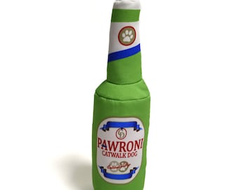 Funny Dog Toy. Pawroni Beer Bottle with squeaker - pretend squeaky alcohol, makes an ideal dog gift or  New puppy gift. Unique design.