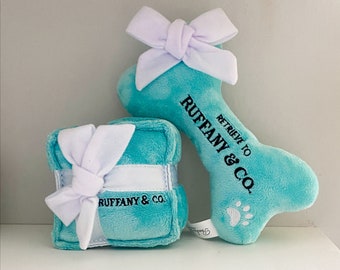 Luxury Plush Dog Toys - Gifts for spoiled pups.  Ruffany & Co. Gift Box Toy and Matching Toy Bone - ideal Funny Toy for Dogs