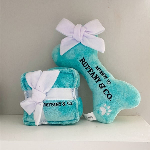 Luxury Plush Dog Toys - Gifts for spoiled pups.  Ruffany & Co. Gift Box Toy and Matching Toy Bone - ideal Funny Toy for Dogs