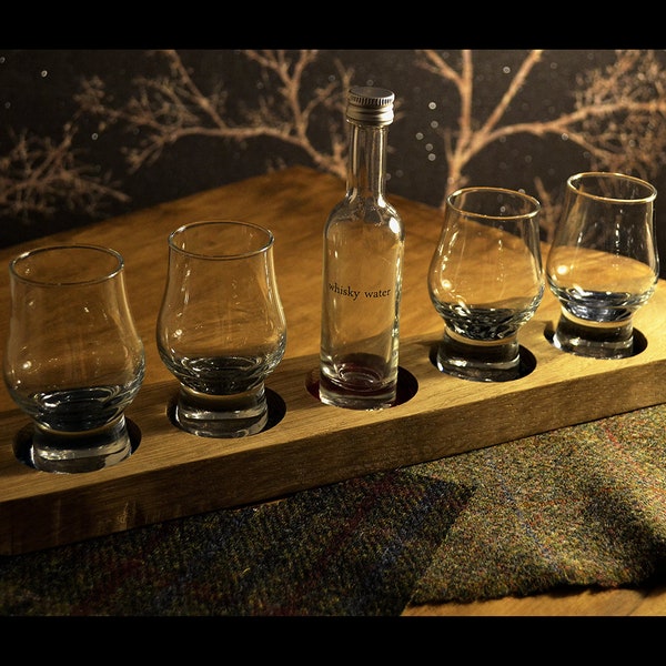 5-Hole Oak Whisky Tasting Board and choice of nosing glasses and refillable water dilution bottle by Wooden Ingot, Flight Tray, Wood
