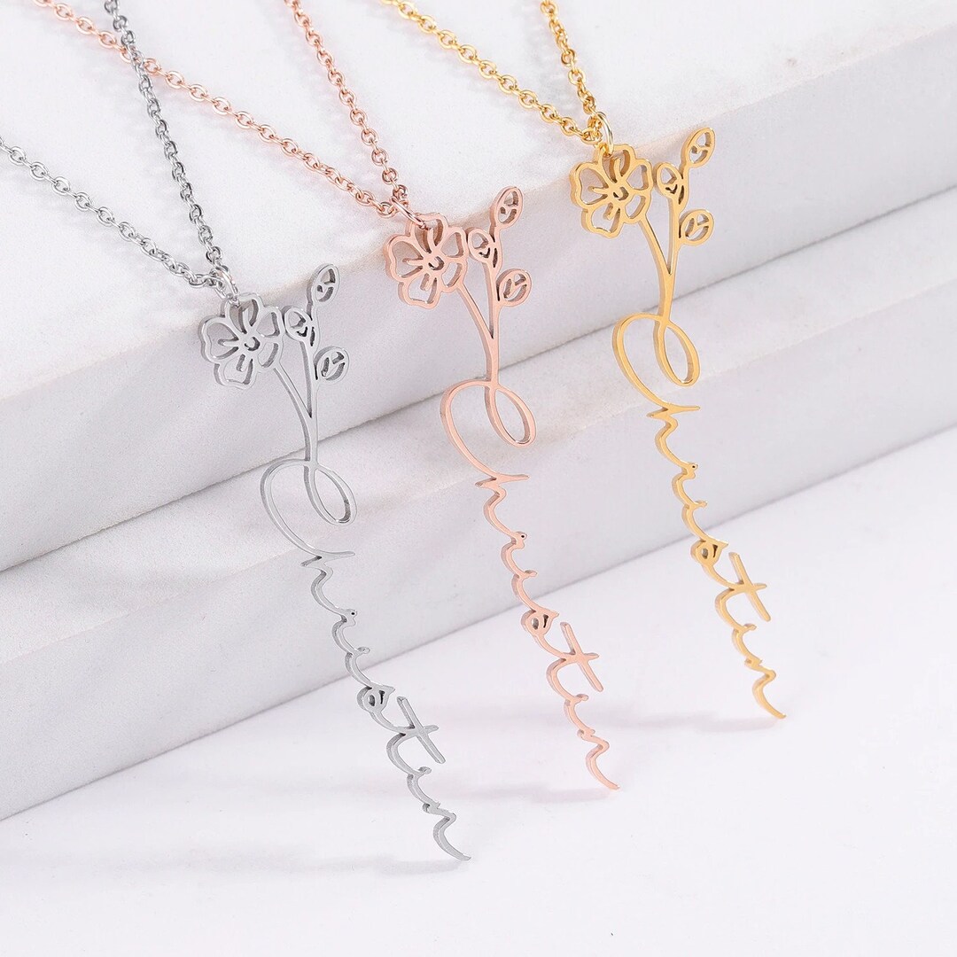 Personalized Birth Flower Name Necklace Custom Birthflower Name Jewelry ...